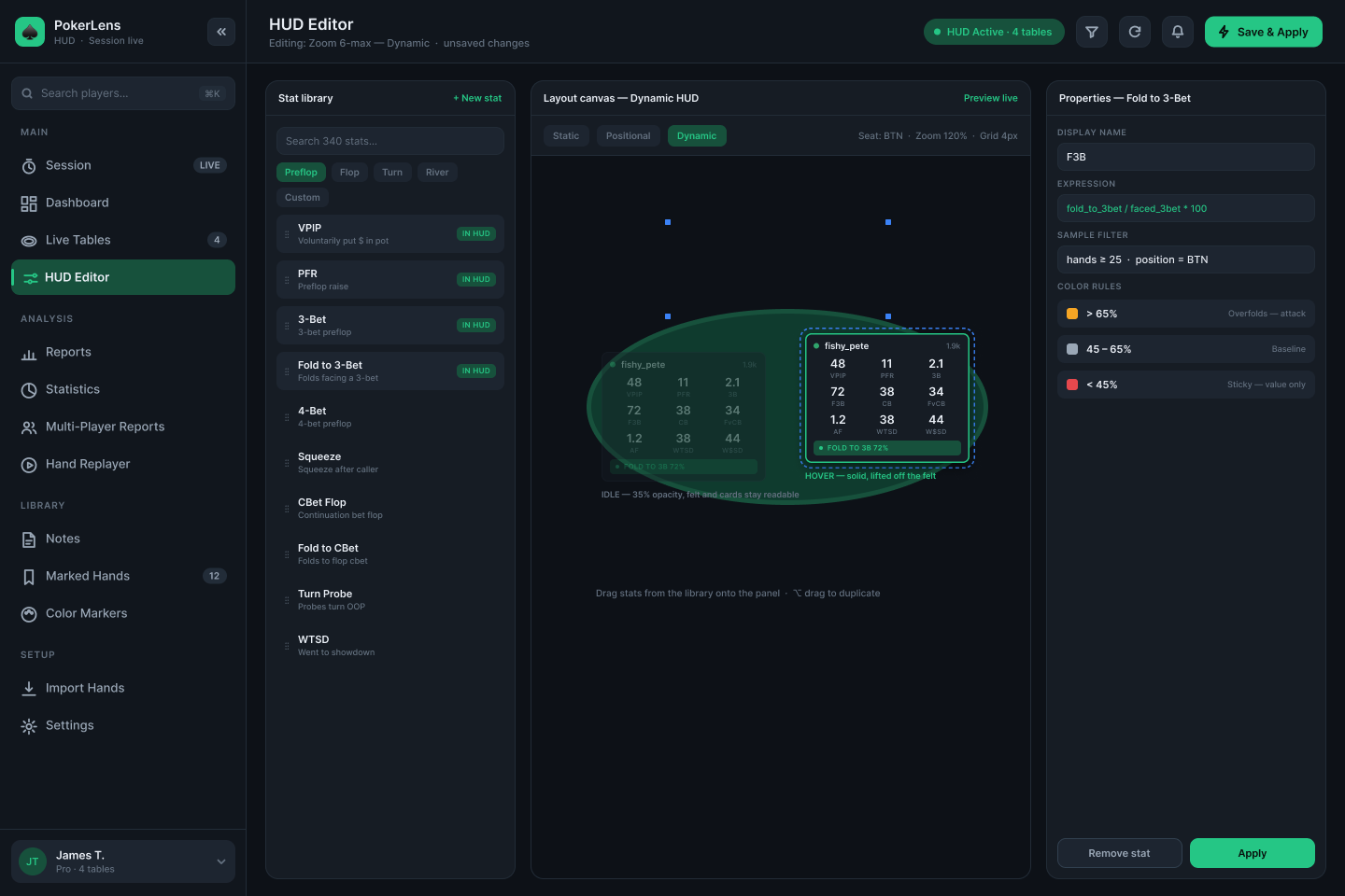 The PokerLens HUD editor: a player's panel laid out figure by figure on the felt
